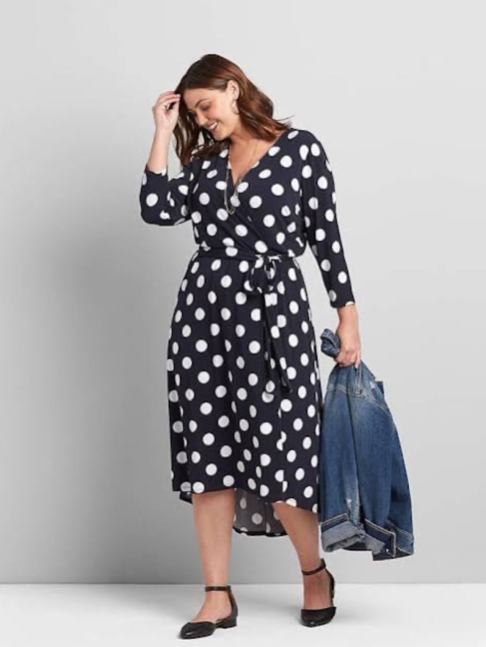 NWT Lane Bryant Polka Dot 3/4 Sleeve Faux Wrap High Low Midi Dress 26/28 4X